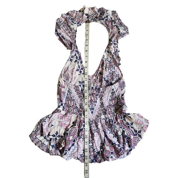 Express Pink Blue White Multicolor Geometric Print Ruffle Neck Halter Top XS - Picture 9 of 10